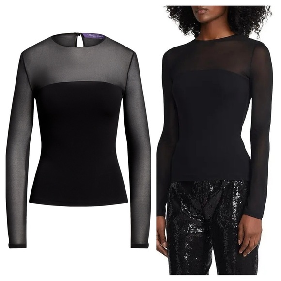 Ralph Lauren purple label / black sheer and opaque knit top mesh sleeve XS - Picture 1 of 10